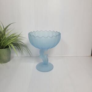 Vintage Lotus  Blue Satin Glass Compote Indiana Glass, Pedestal Bowl